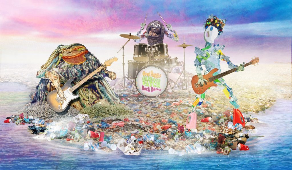 A rockband made of Garbage Characters, playing guitar, bass, and drums, while on a pile of garbage floating in the ocean